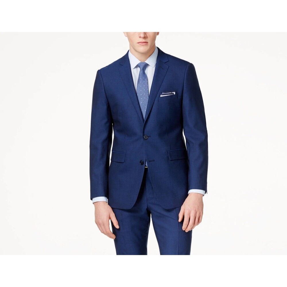 Tallia Men's Blue 100% Wool Slim-Fit Stretch plaid wool Suit Jacket 40R NAVY